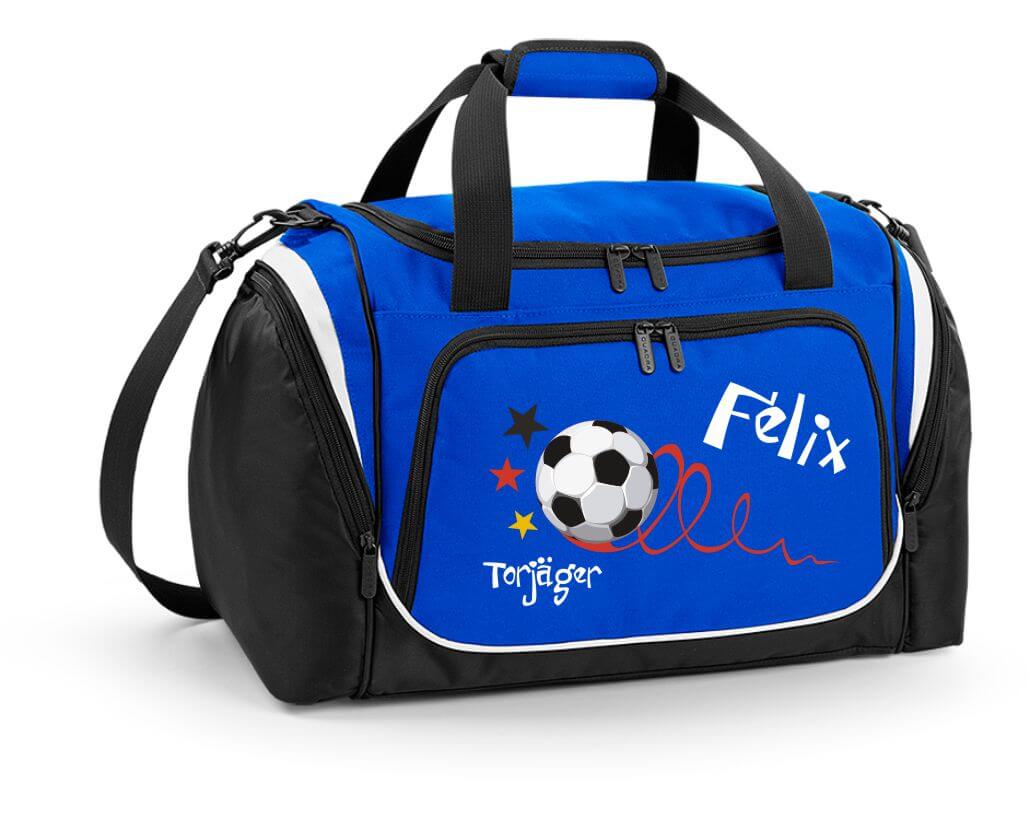Sporttasche 39L mit Feuchtfach in Royal Blau mit Name und Fußball Torjäger