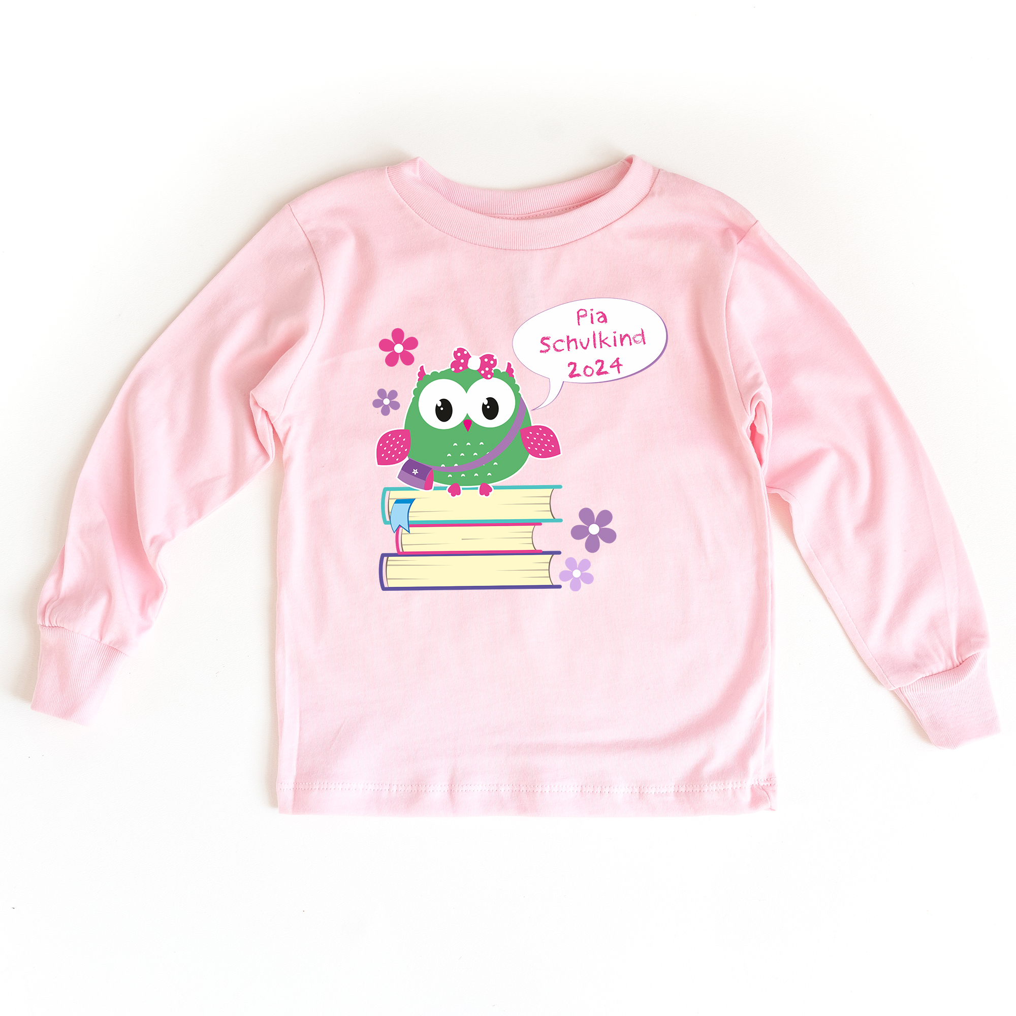 Sweatshirt zum Schulanfang in rosa mit Name und Motiv Eule mit Büchern