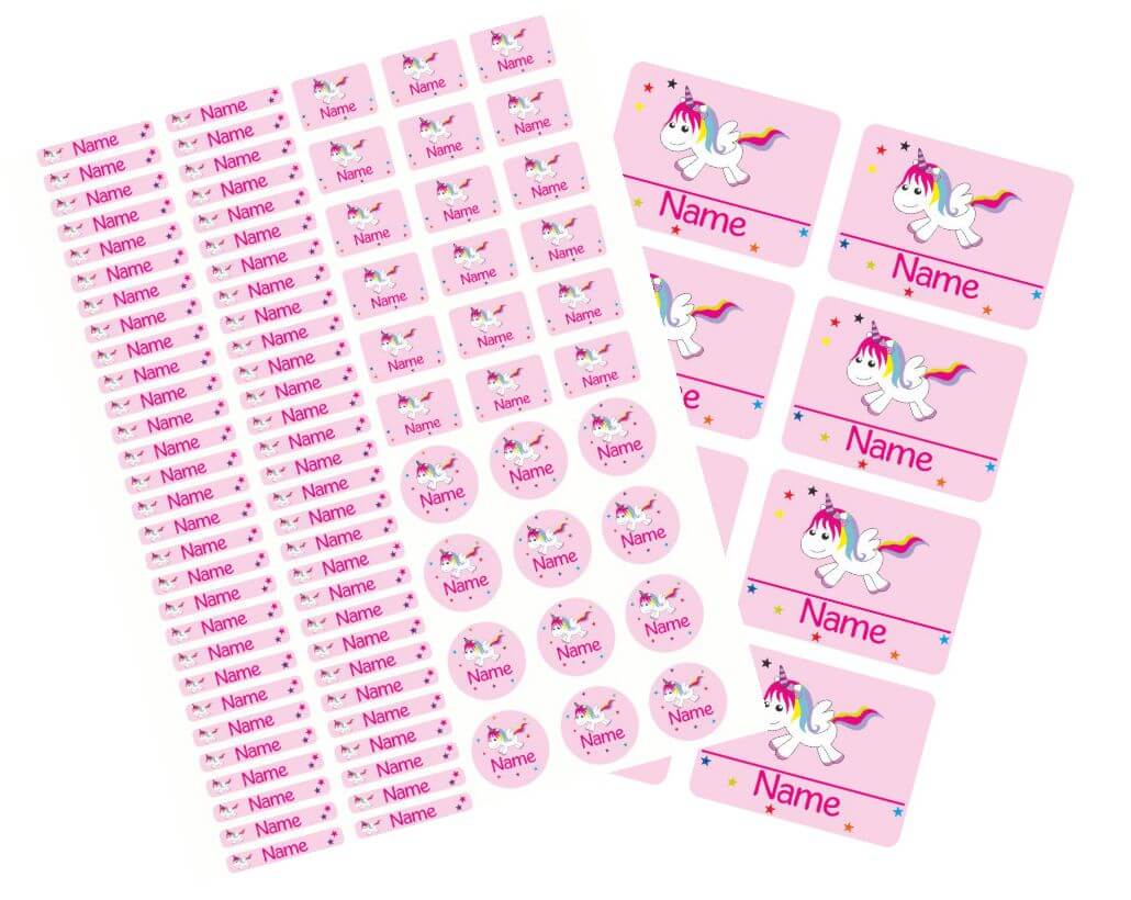 Schulstarter - Set Stickerbogen mit Namensaufkleber und Heftaufkleber Einhorn Happy