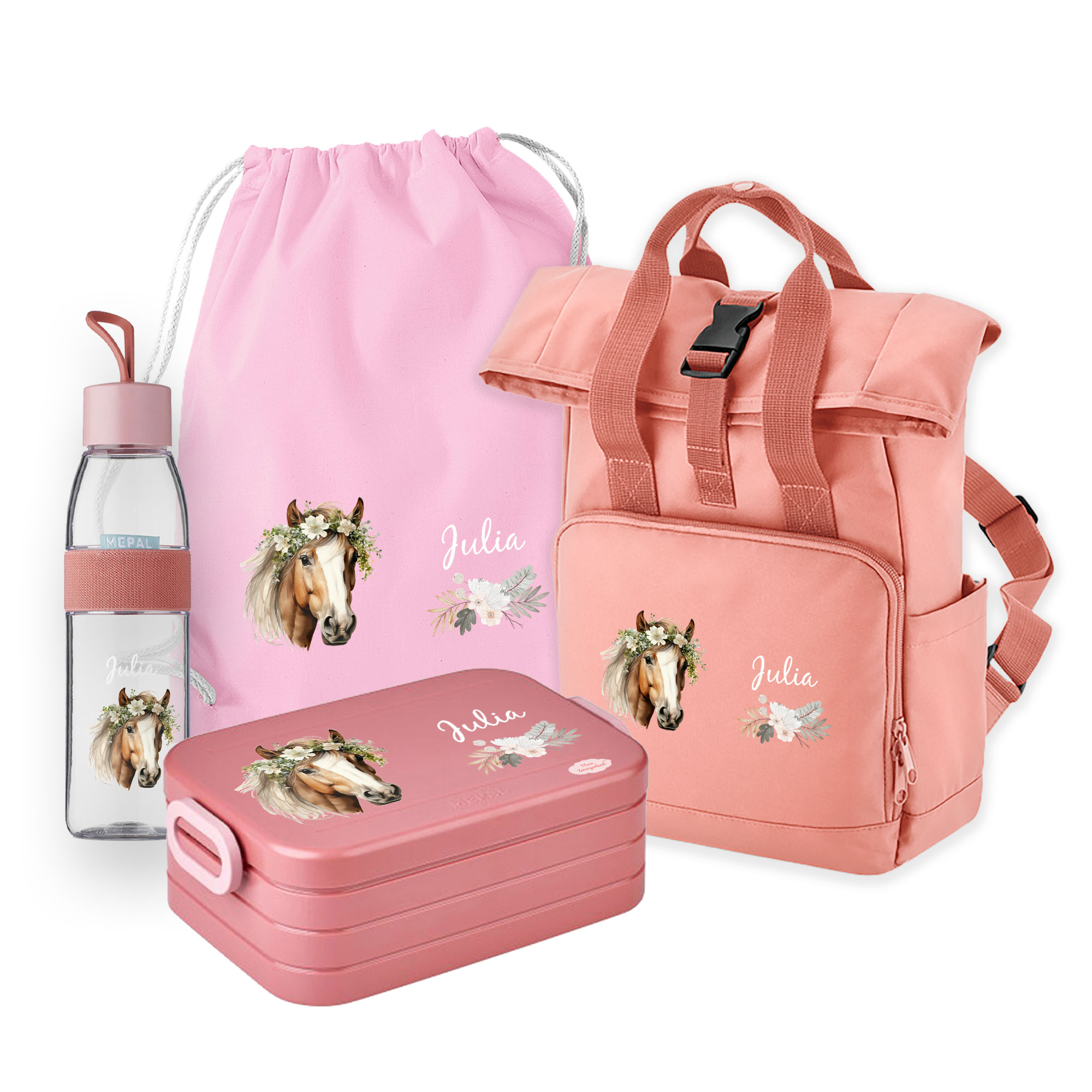 Set Rucksack Roll-Top mit Bento Brotdose, Jutebeutel & Trinkflasche Ellipse in Blush Pink mit Name und Motiv Pferdekopf mit Blumenkranz