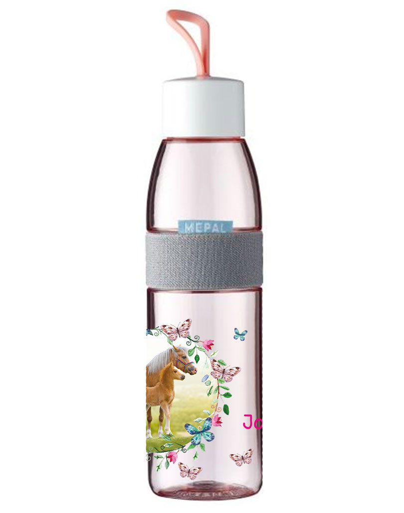 Trinkflasche Ellipse für kohlensäurehaltige Getränke Nordic Pink mit Name Pferdewiese Schmetterlinge
