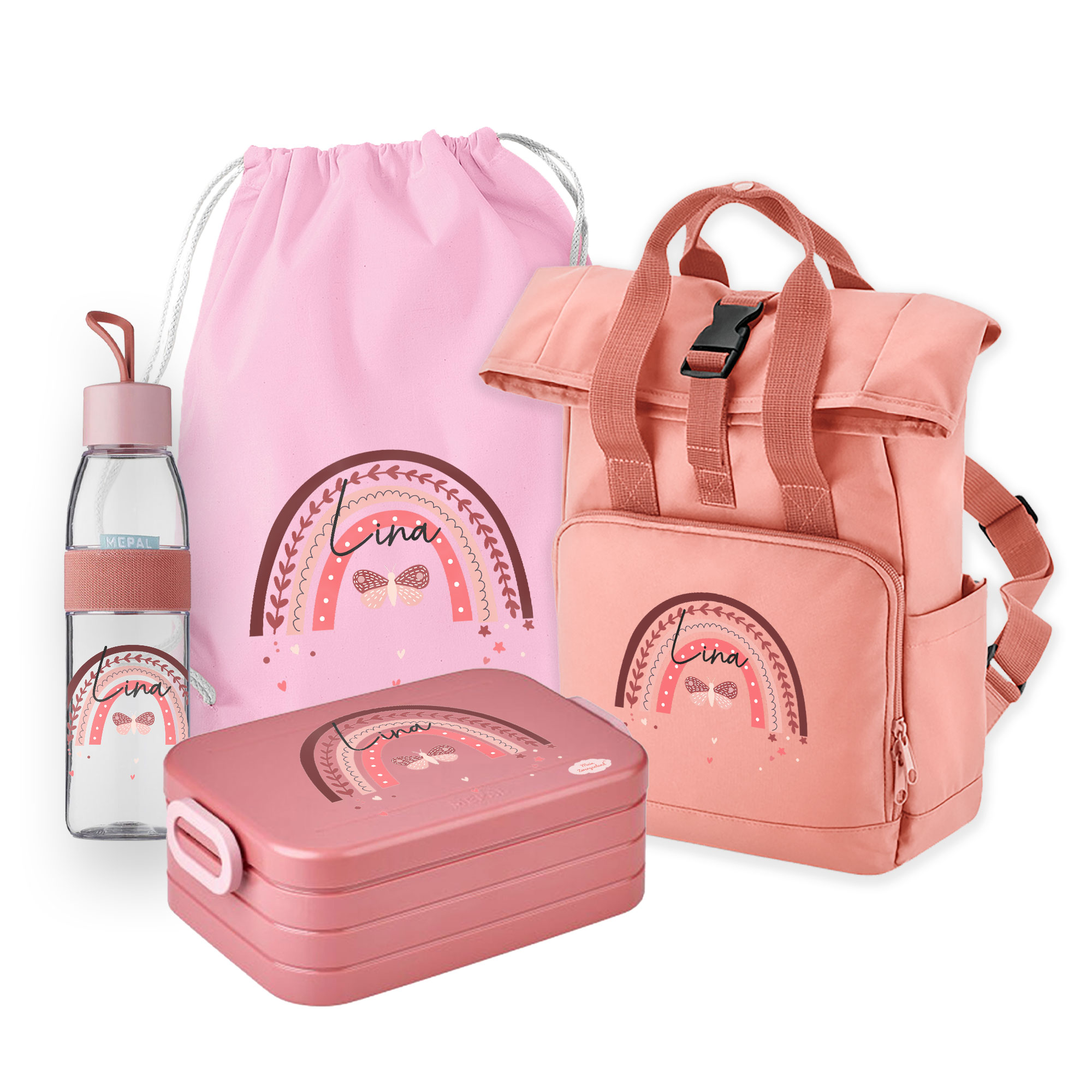 Set Rucksack Roll-Top mit Bento Brotdose, Jutebeutel & Trinkflasche Ellipse in Blush Pink mit Name und Motiv Regenbogen Schmetterling