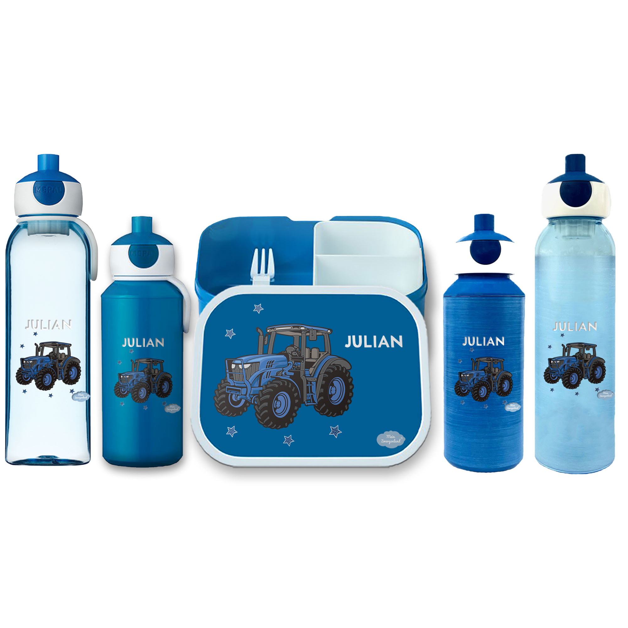Brotdose Campus mit Bento-Einsatz - Trinkflasche Blau mit Name und Motiv Traktor Blau