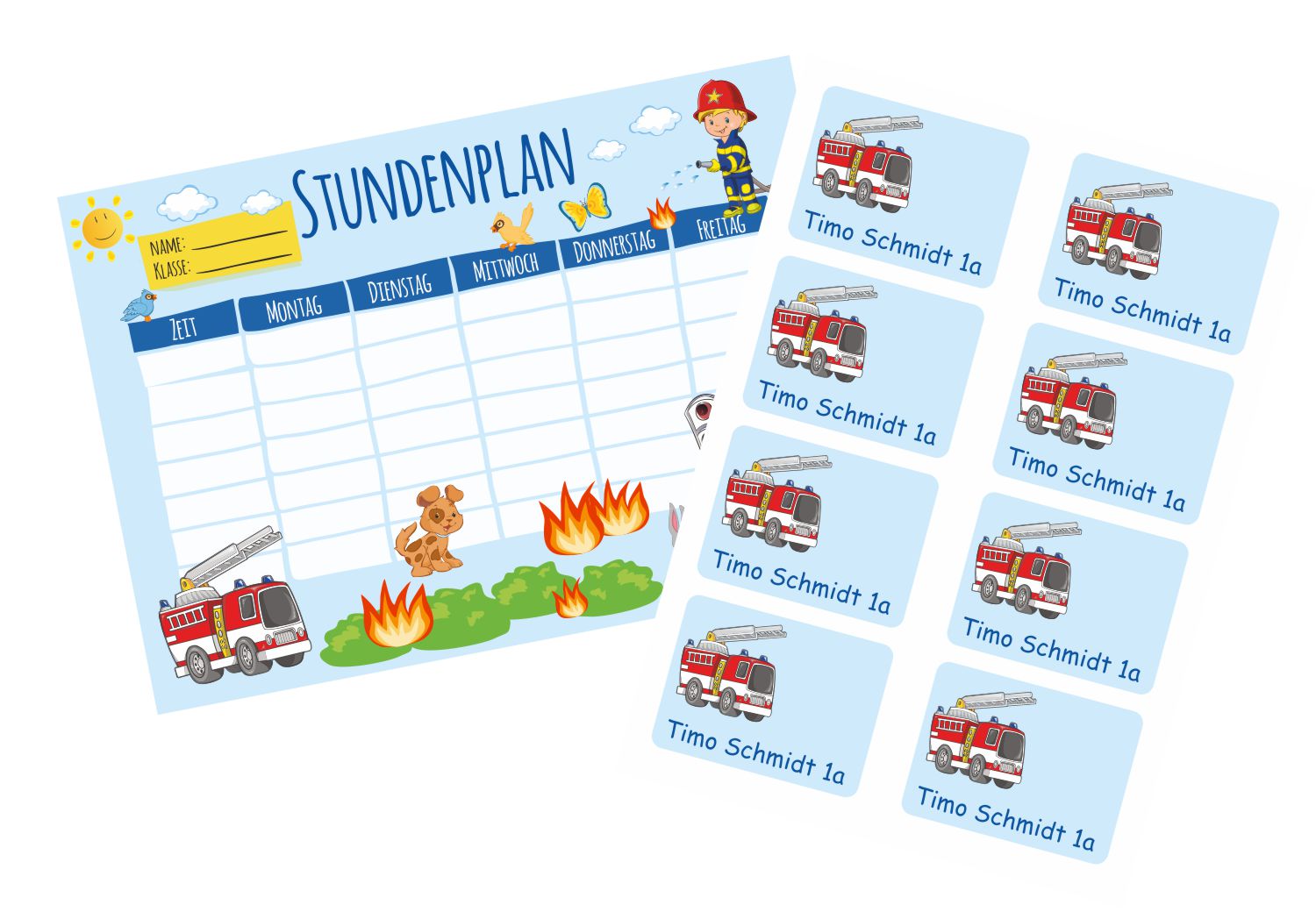 Set: Stundenplan Timetable Schulplaner DIN A4 + 8 Heftaufkleber Stickerbogen