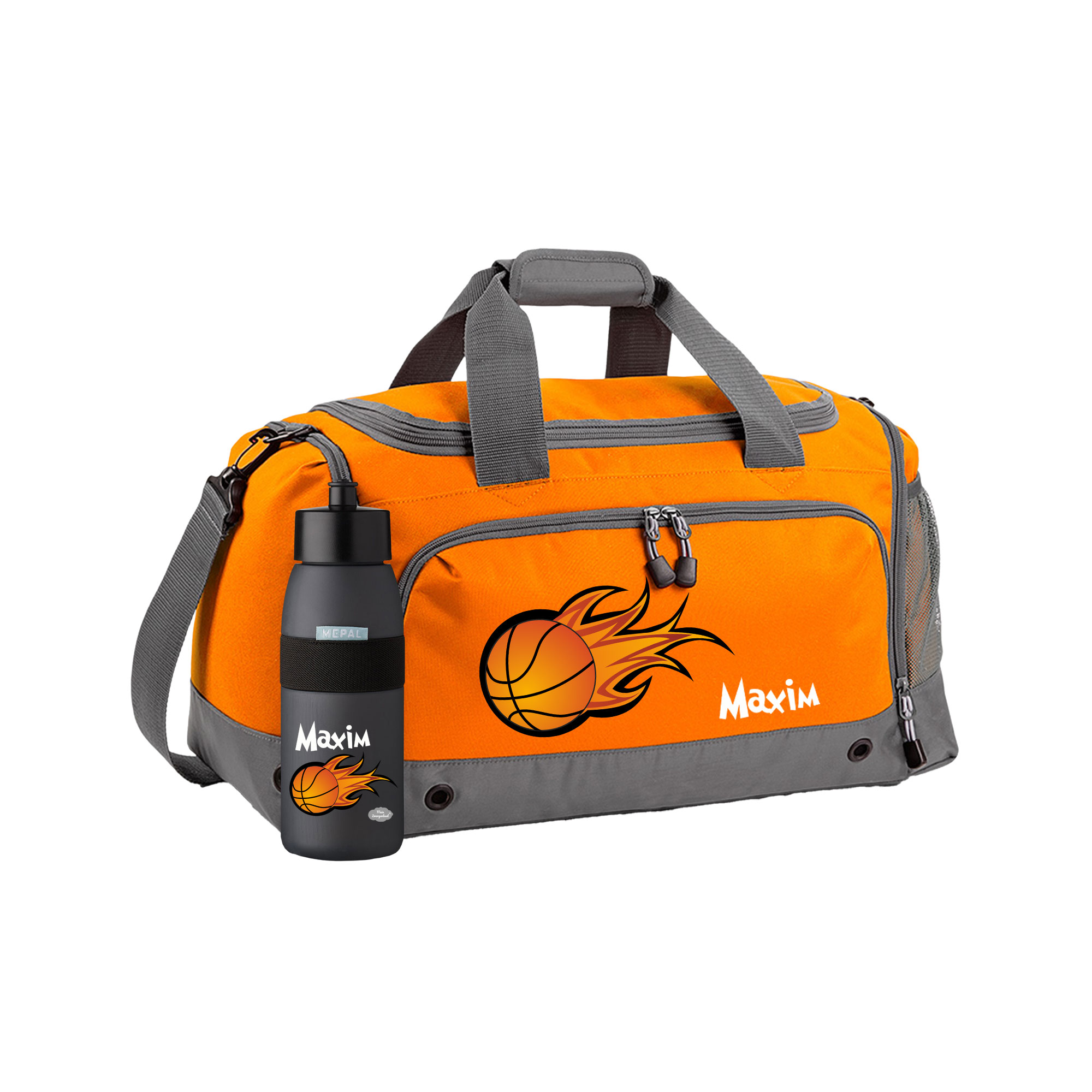 Sporttasche mit Trinkflasche 41L in Orange mit Name und Motiv Feuerbasketball