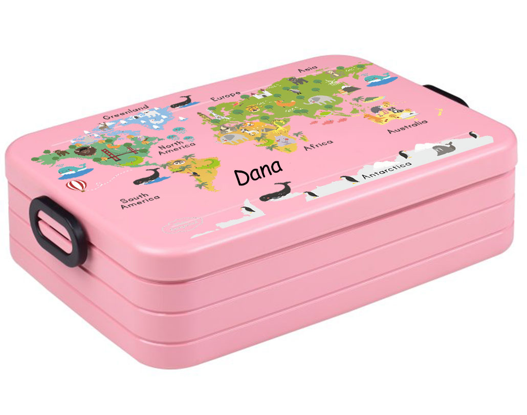 Bento Brotdose Take A Break Large in Nordic Pink mit Name und Motiv Landkarte