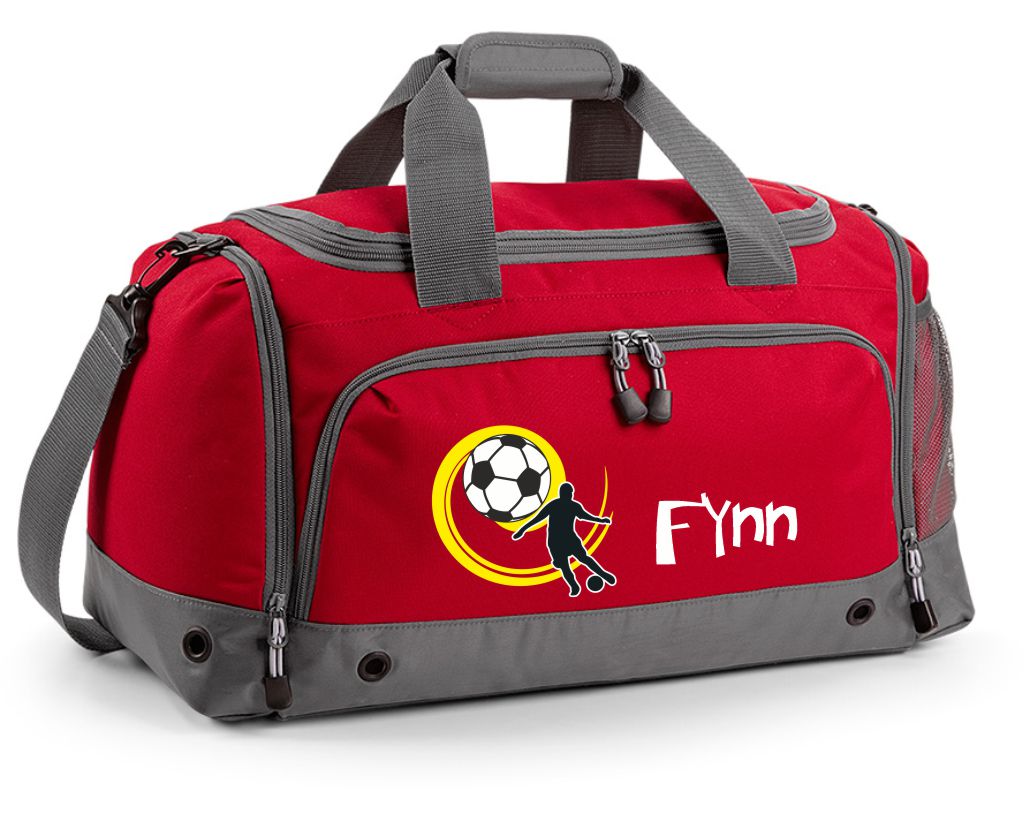 Multi-Sporttasche 41L mit Schuhfach und Feuchtfach in Rot mit Name und Fußball Spieler