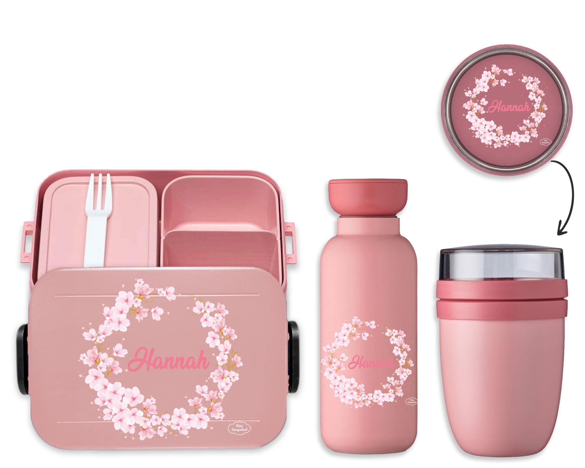 Bento Brotdose Take A Break midi - Thermoflasche Ellipse in Nordic Pink mit Name und Blütenkranz