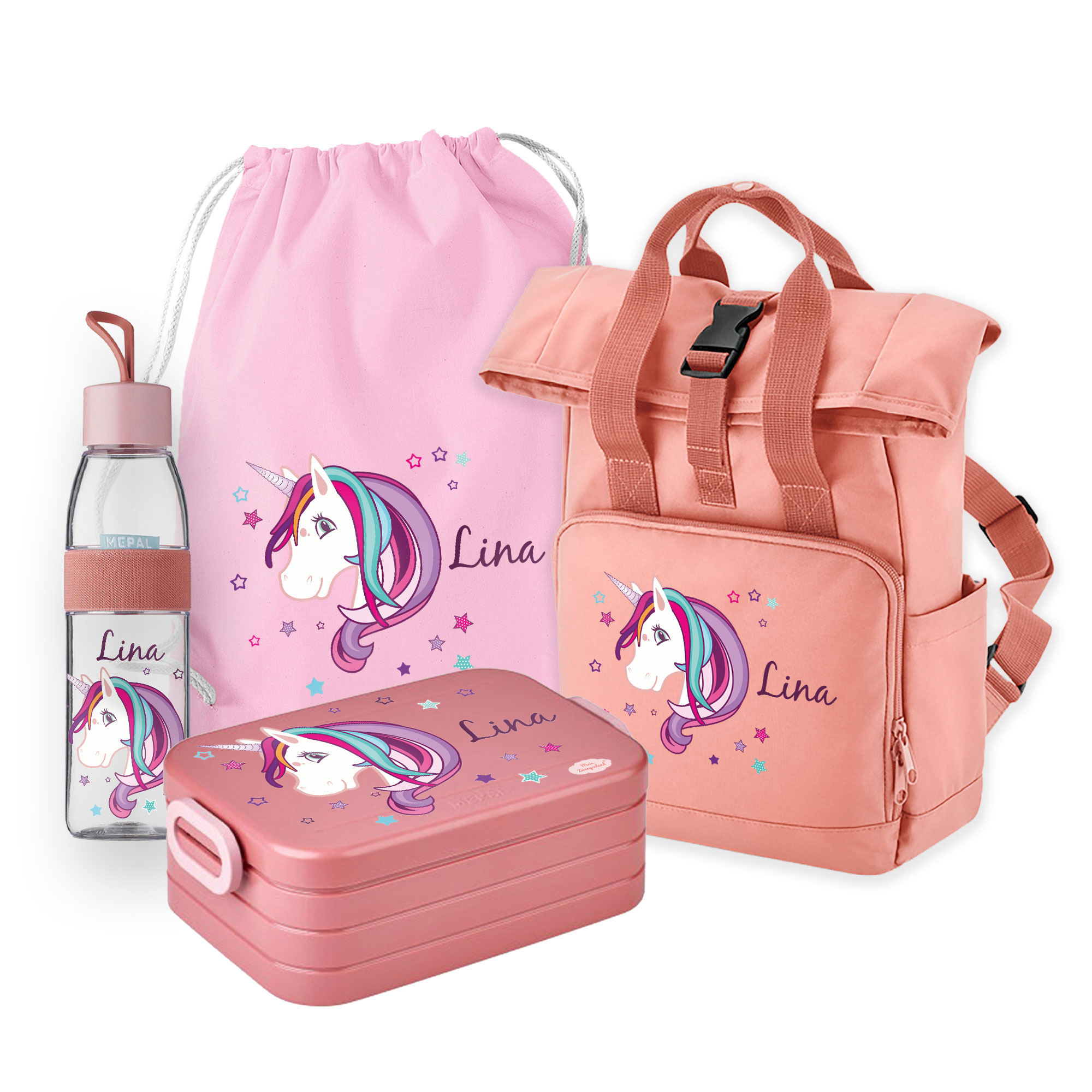 Set Rucksack Roll-Top mit Bento Brotdose, Jutebeutel & Trinkflasche Ellipse in Blush Pink mit Name und Motiv Einhorn Beauty