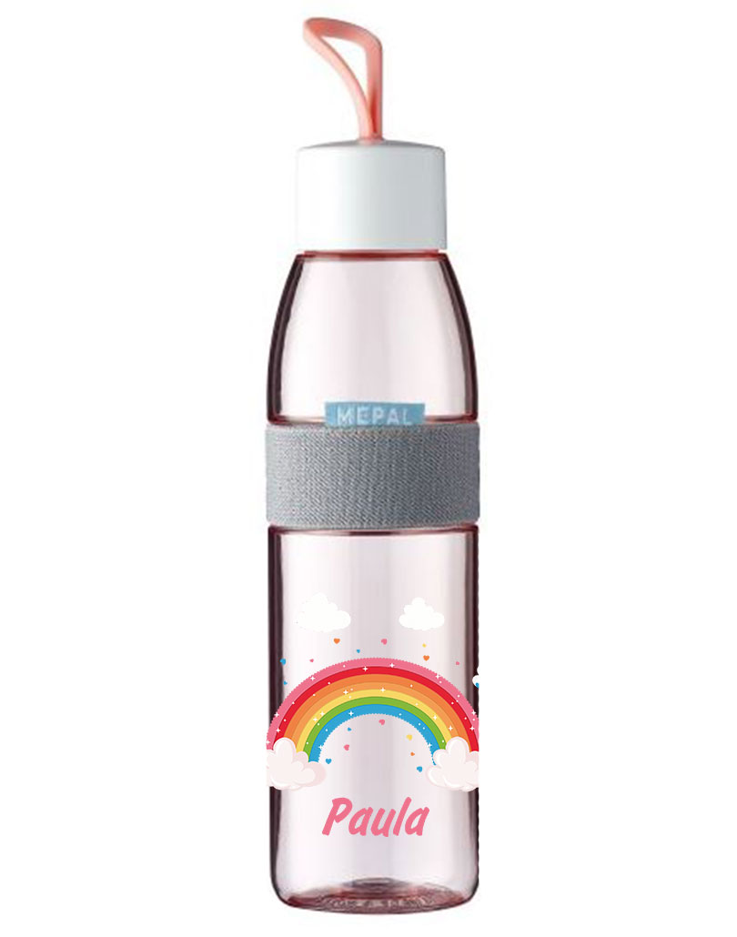 Trinkflasche Ellipse für kohlensäurehaltige Getränke Nordic Pink mit Name und Regenbogen