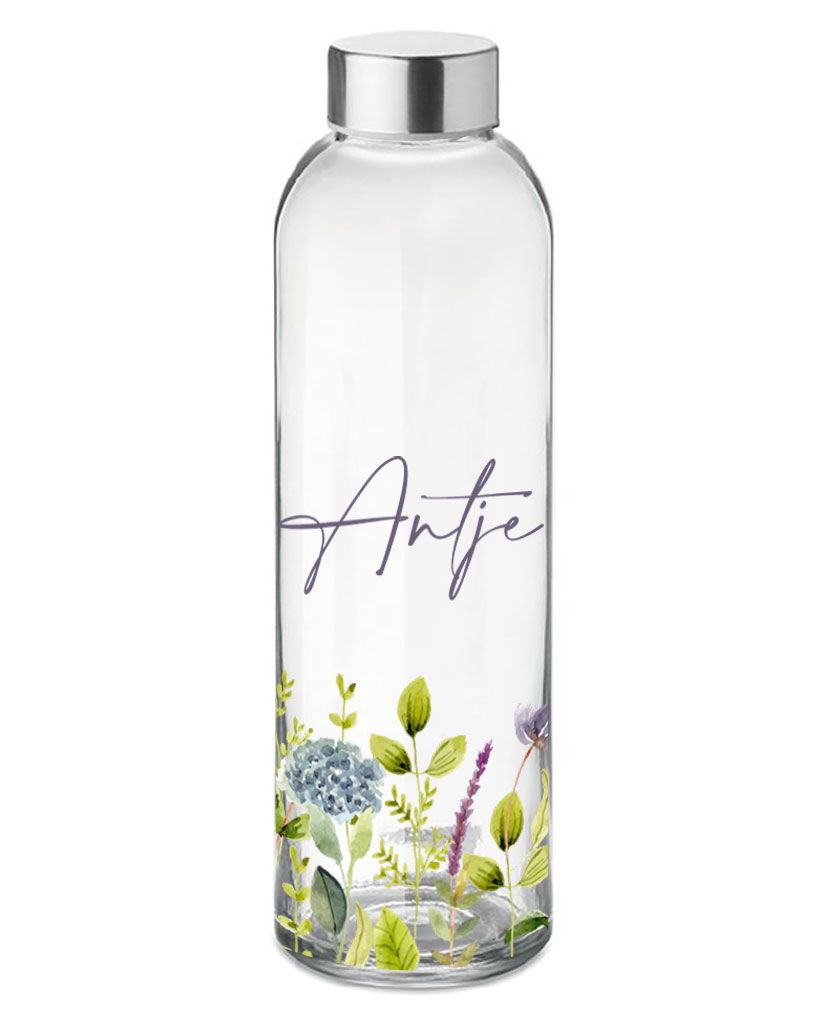 Glasflasche 500 ml mit Name personalisiert Motiv Blumen Hortensien