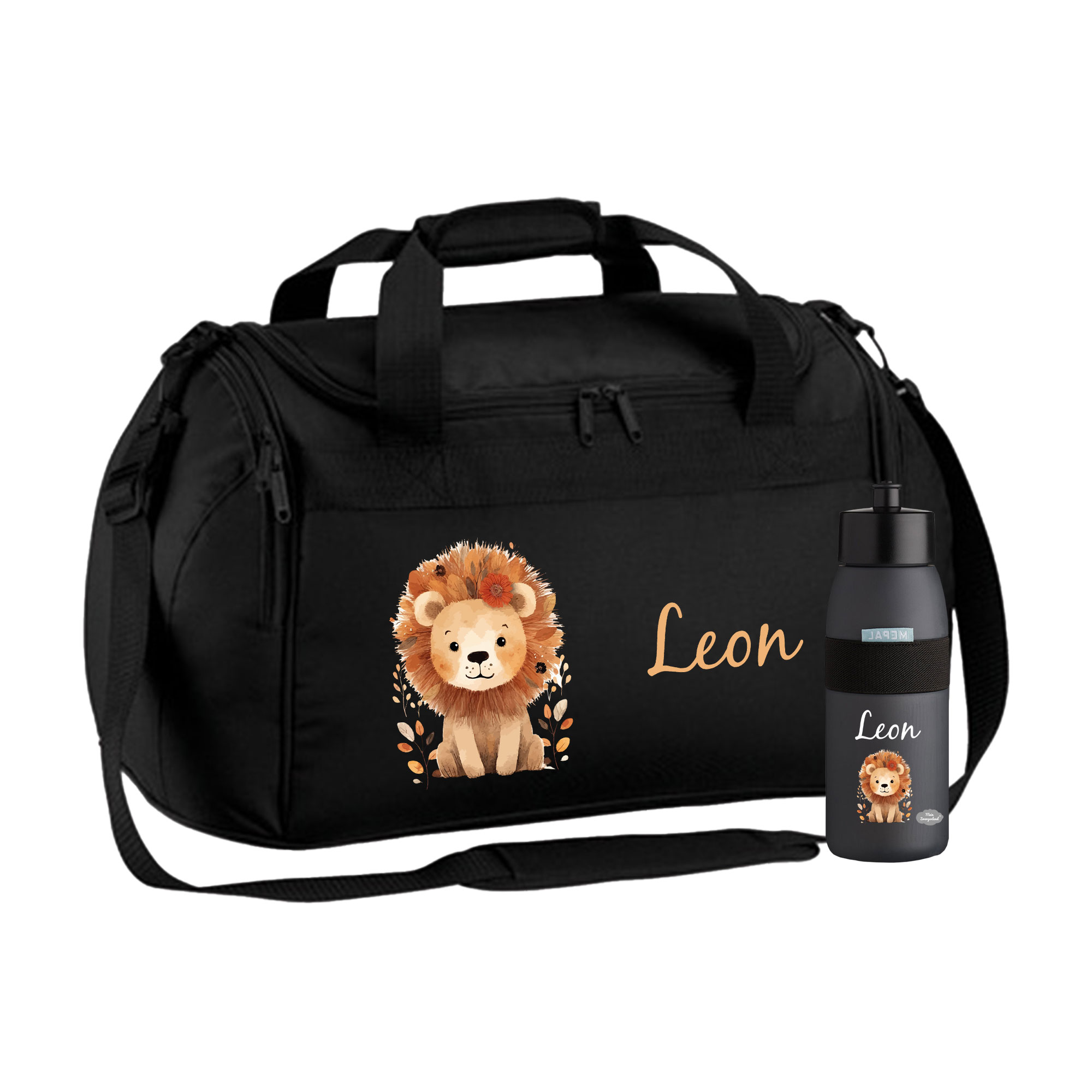 Sporttasche mit Trinkflasche 26L in Schwarz mit Name und Motiv Löwe mit Blättern