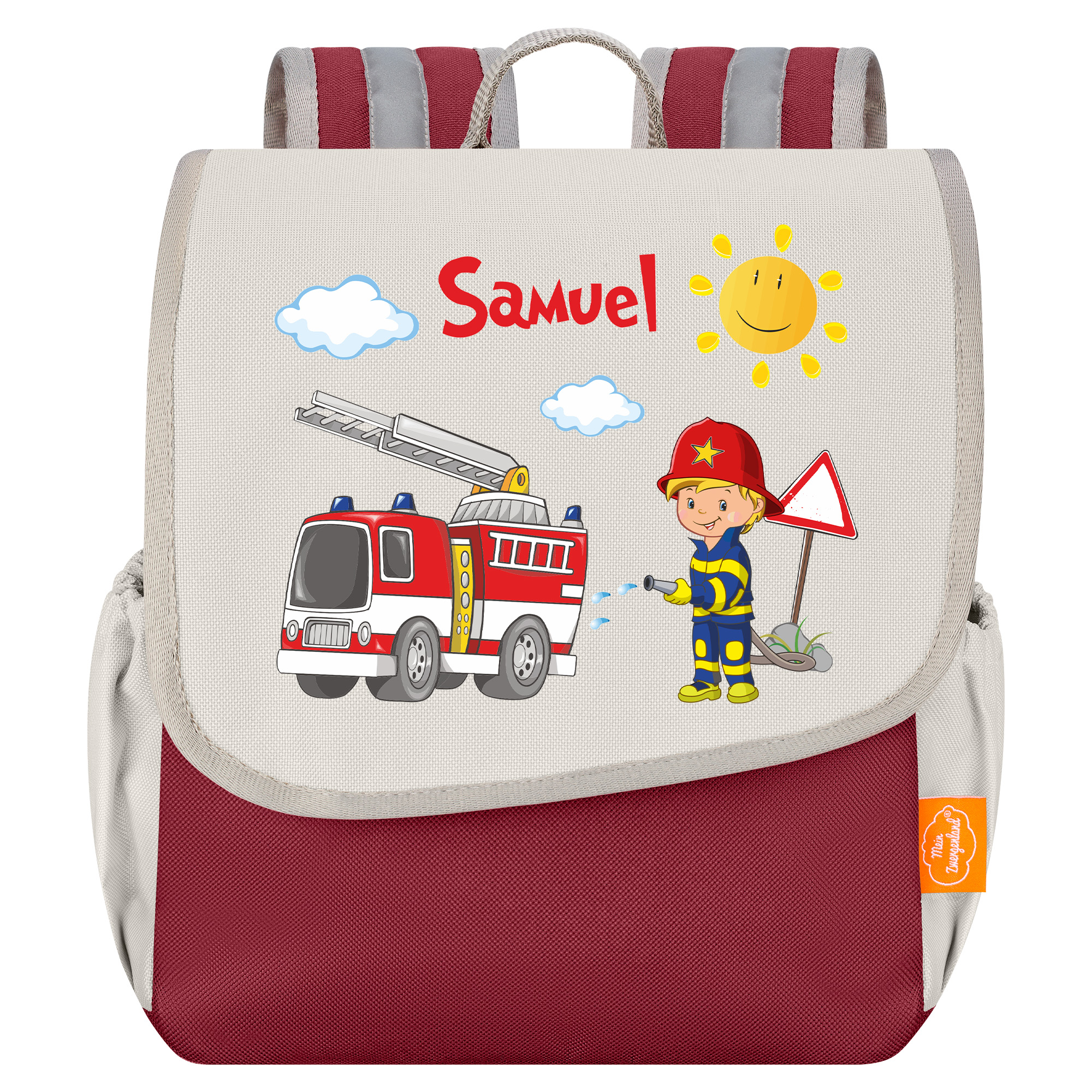 Kindergartenrucksack Happy Knirps NEXT mit Name in Aubergine Beige mit Feuerwehr