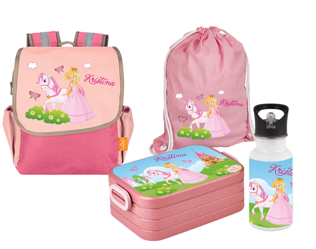 Set 5 Rucksack Happy Knirps NEXT - Brotdose Maxi - Jutebeutel - Flasche Pink Prinzessin