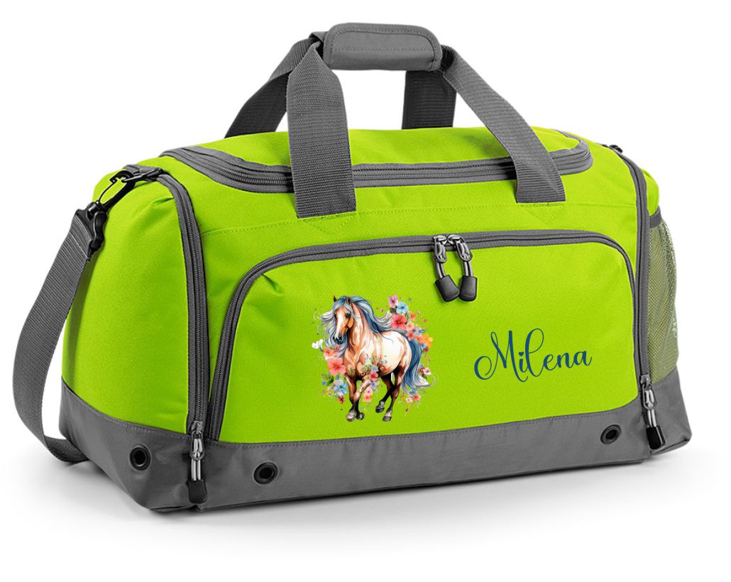 Multi-Sporttasche 41L mit Schuhfach und Feuchtfach in Lime Green mit Name und Pferd Watercolor mit Blumen