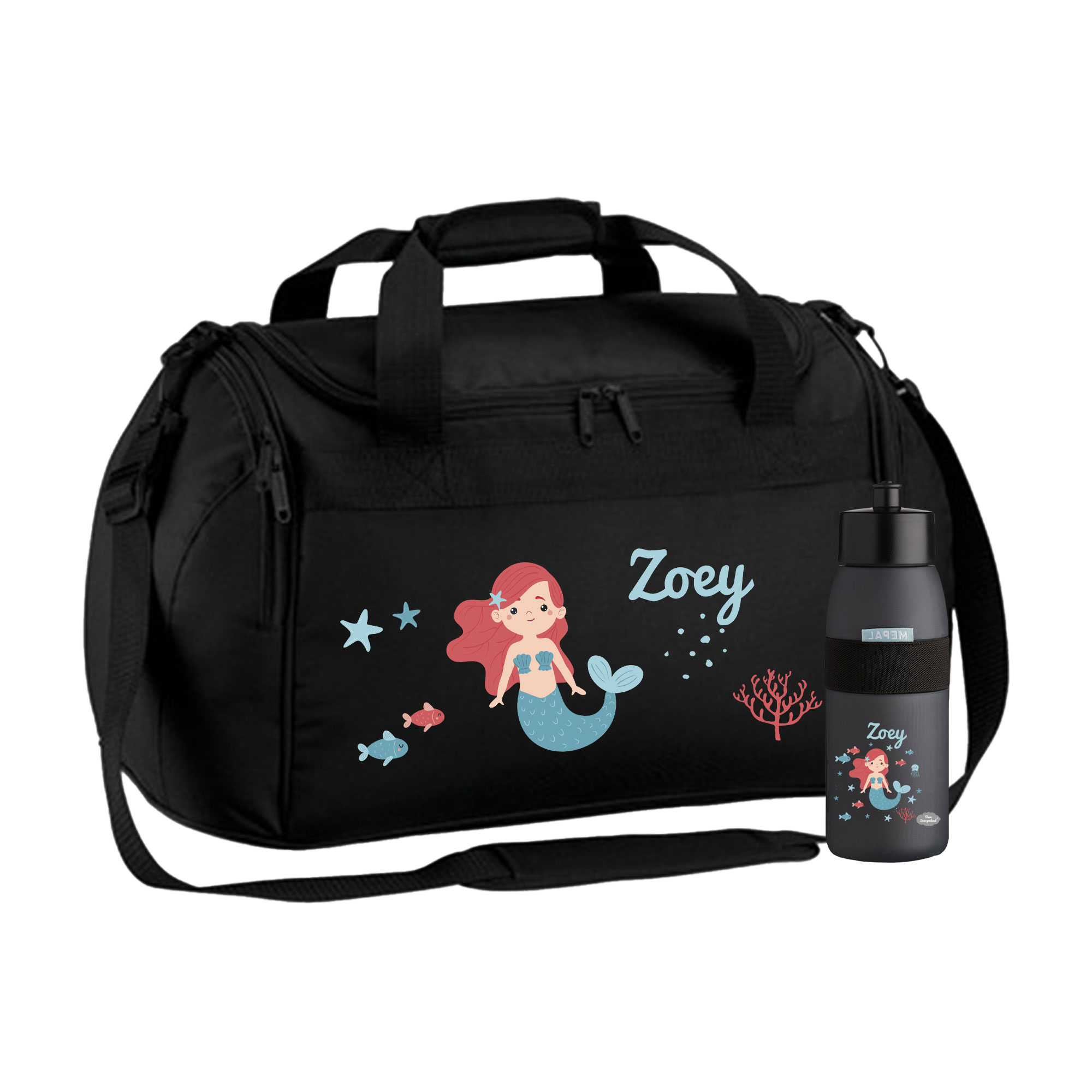 Sporttasche mit Trinkflasche 26L mit Name und Motiv Meerjungfrau