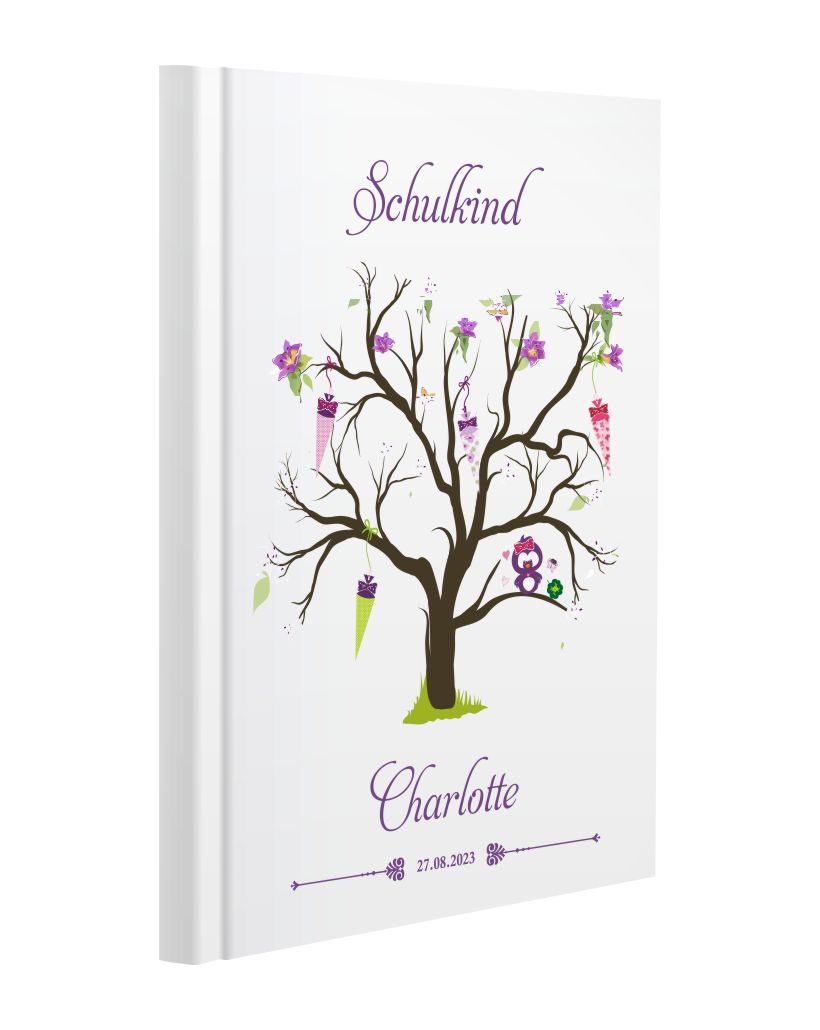Personalisiertes Gästebuch zur Einschulung Schulanfang Eule lila