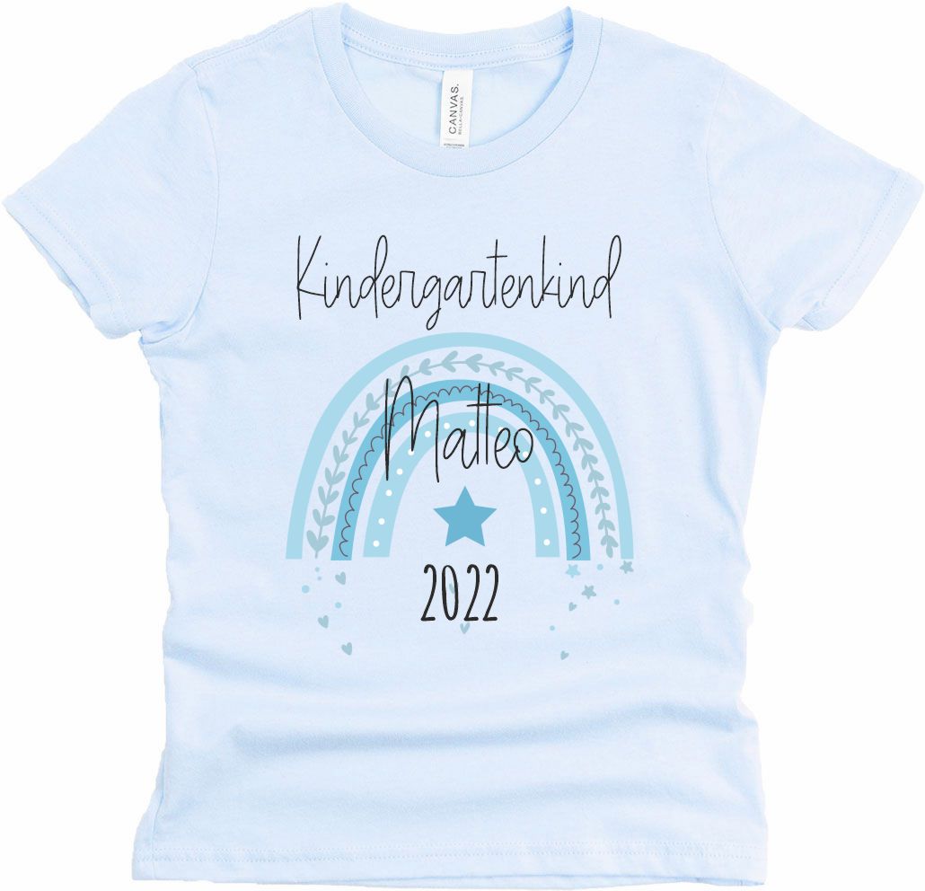 T-Shirt Kindergartenkind mit Name und Motiv Regenbogen blau