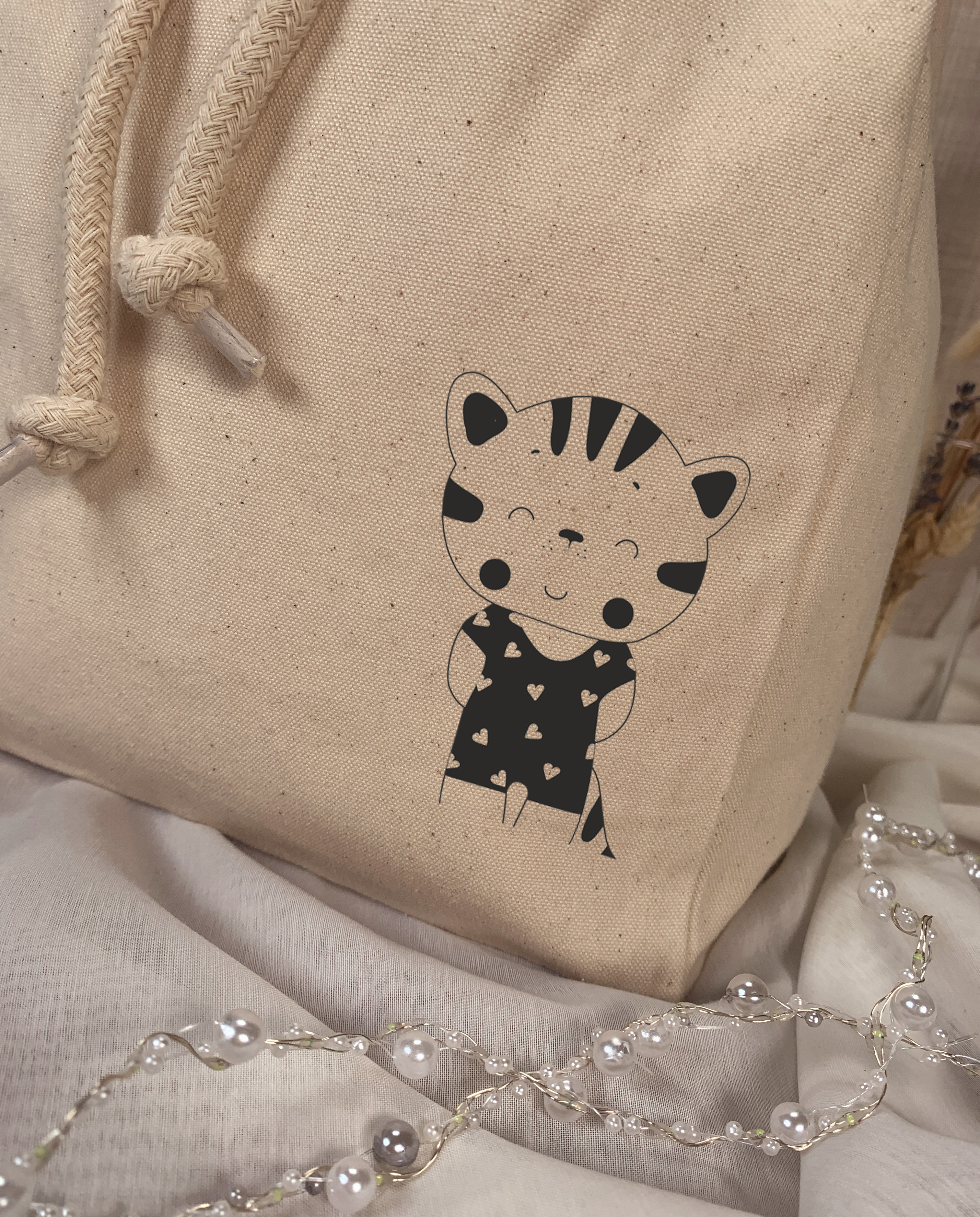 Kinderrucksack Natur aus Bio-Baumwolle mit Name und Motiv Katze