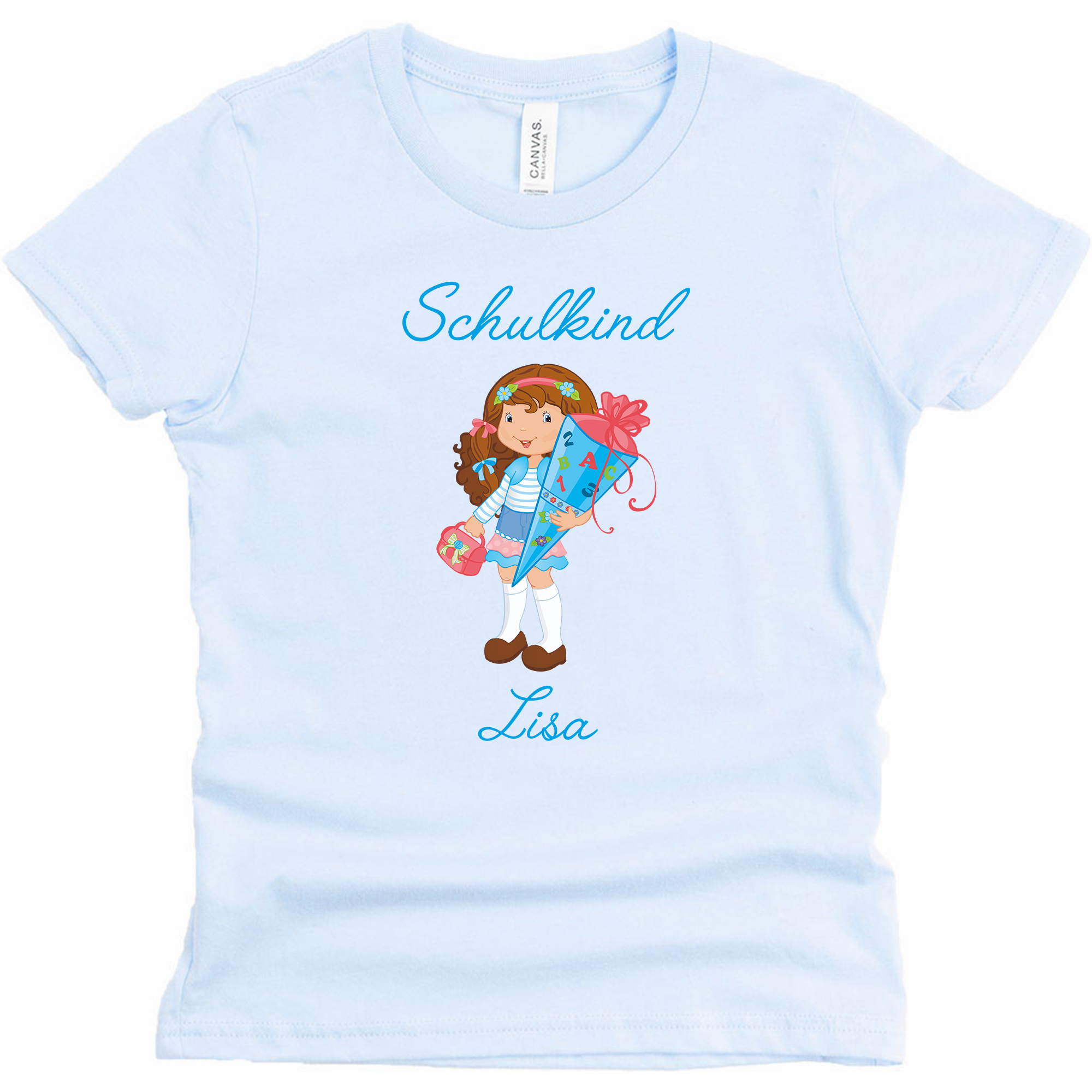 Schulanfangsshirt in skyblue mit Name und Motiv Mädchen braun blau
