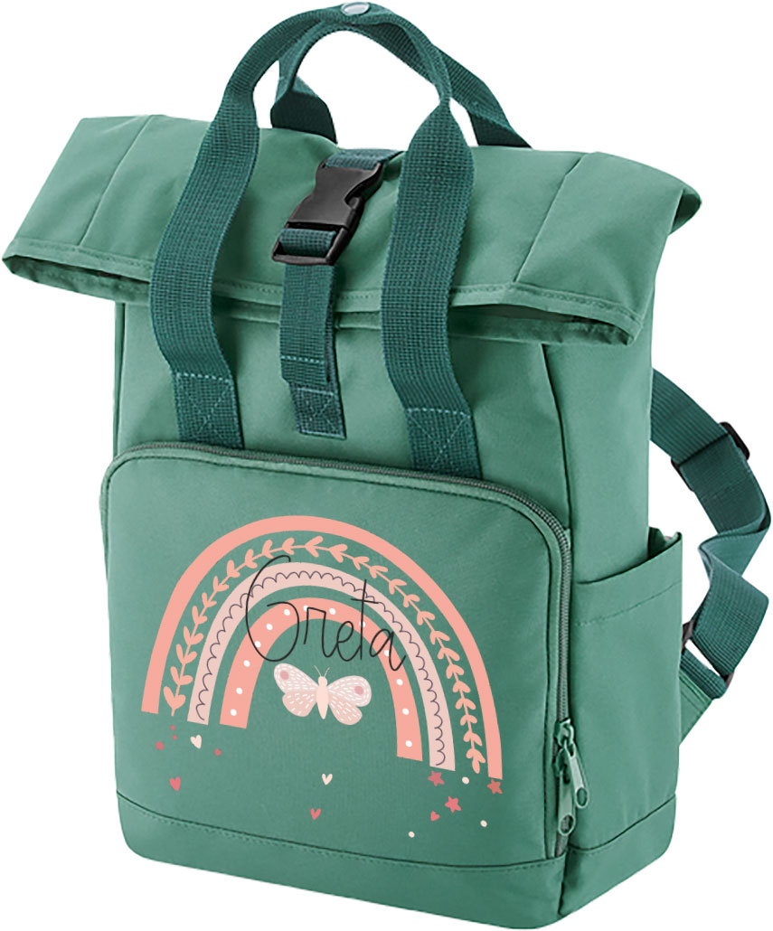 Kinderrucksack Roll-Top Recycled Sage Green mit Name und Motiv Regenbogen Schmetterling