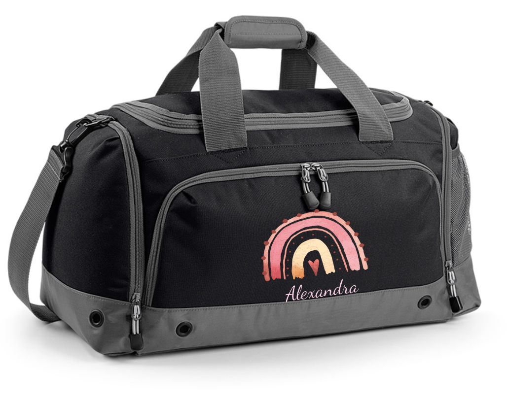 Multi-Sporttasche 41L mit Schuhfach und Feuchtfach in Schwarz mit Name und Regenbogen