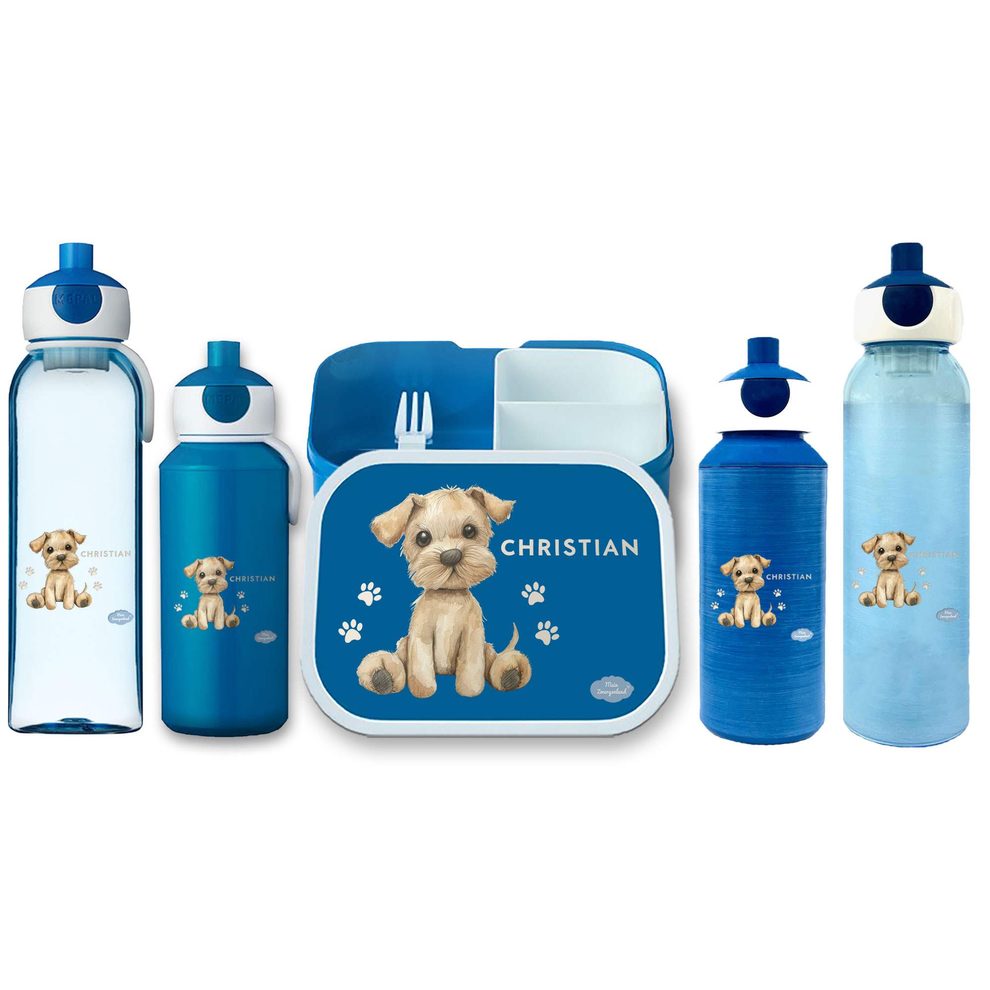 Brotdose Campus mit Bento-Einsatz - Trinkflasche Blau mit Name und Motiv Hund