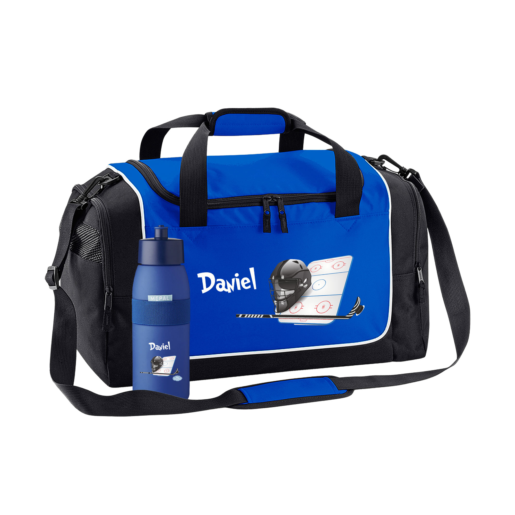Sporttasche mit Trinkflasche 38L in Royal Blau mit Name und Motiv Eishockeyhelm