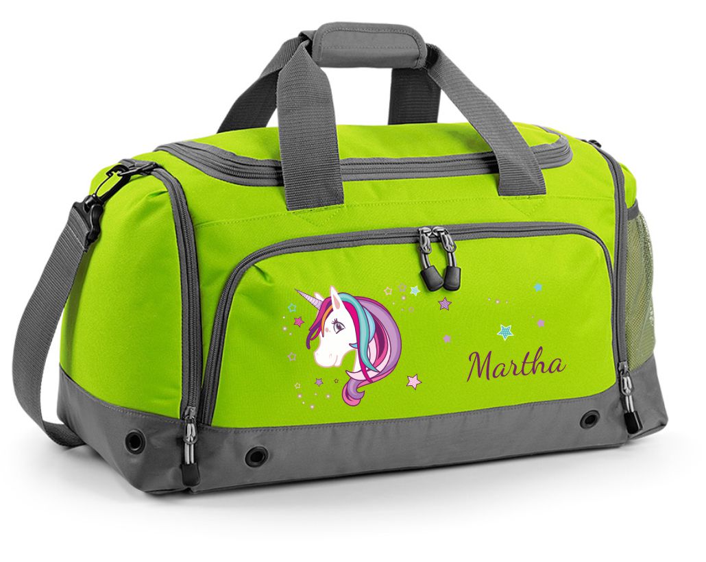 Multi-Sporttasche 41L mit Schuhfach und Feuchtfach in Lime Green mit Name und Einhorn Beauty