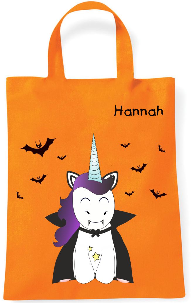 Sammeltasche Stofftasche mit eigenen Namen mini orange Einhorn Fledermaus Vampirhorn
