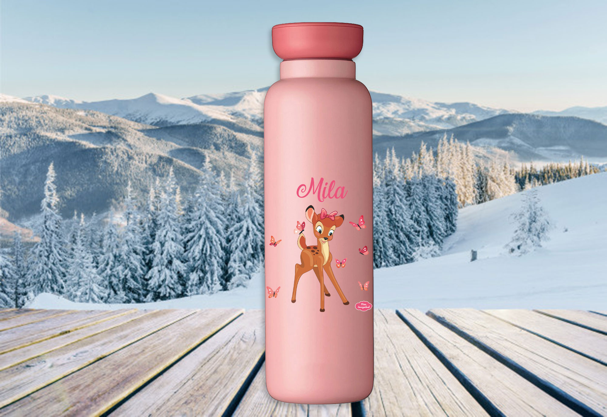 Bento Brotdose Take A Break midi - Thermoflasche Ellipse in Nordic Pink mit Name Reh Schmetterlinge