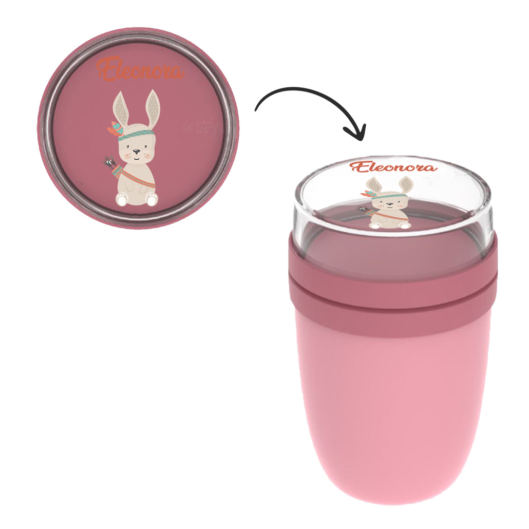 Thermo Insulated Lunchpot Ellipse Müslibecher in Nordic Pink mit Name und Boho Hase