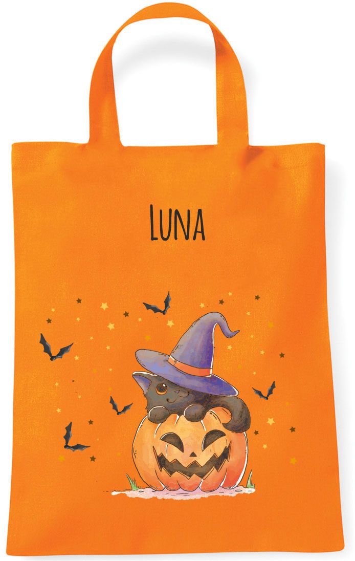 Sammeltasche Stofftasche mit eigenen Namen mini orange Halloween Katze im Kürbis