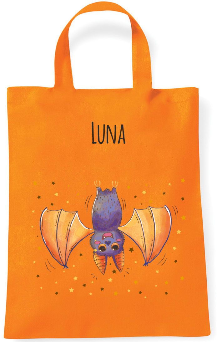 Sammeltasche Stofftasche mit eigenen Namen mini orange Halloween Fledermaus