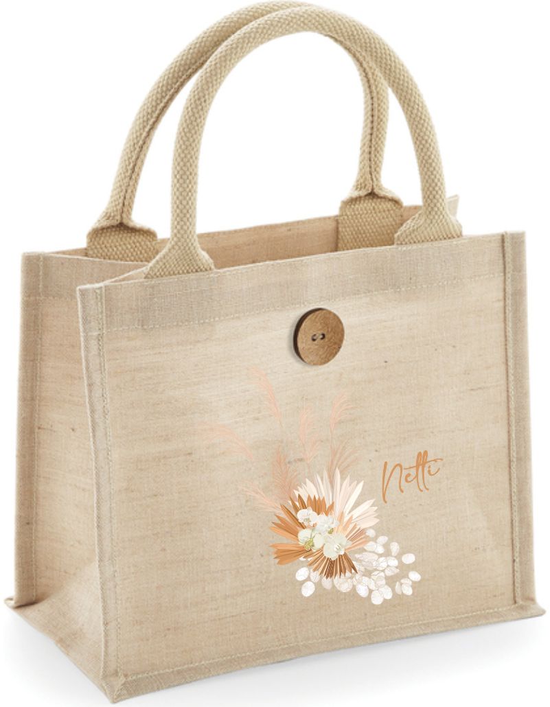 Kleine Jute Shopper Tasche mit Name und Motiv Trockenblumen