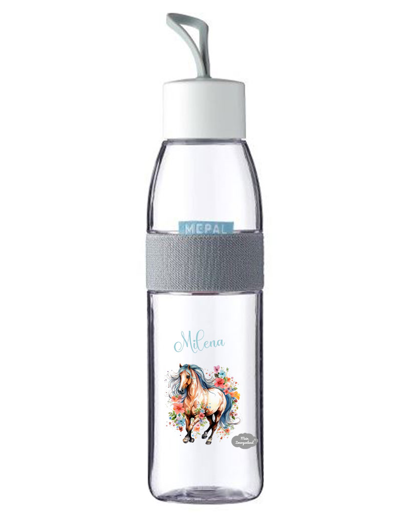 Trinkflasche Ellipse für kohlensäurehaltige Getränke in Weiß mit Name und Motiv Pferd Watercolor