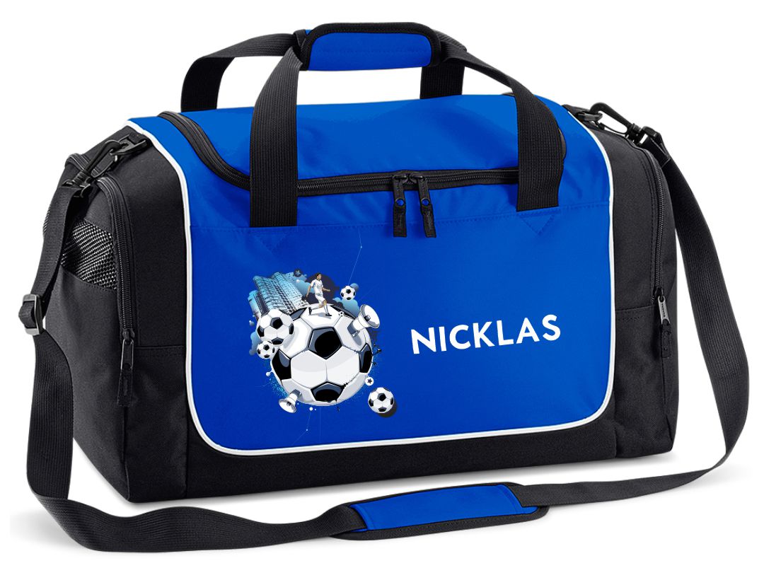 Sporttasche 38L in Royal Blau mit Name und Fussball Soccer City