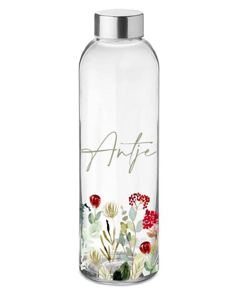 Glasflasche 500 ml mit Name personalisiert Motiv Blumen