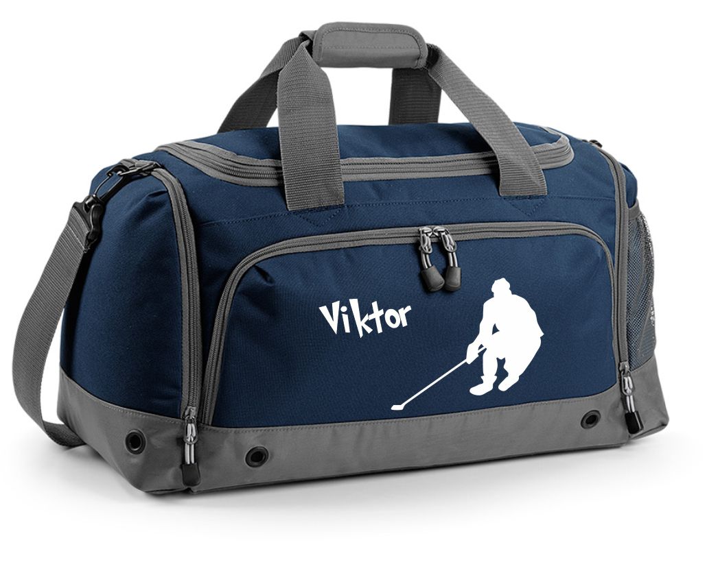 Multi-Sporttasche 41L mit Schuhfach und Feuchtfach in Navy Blau mit Name und Eishockey