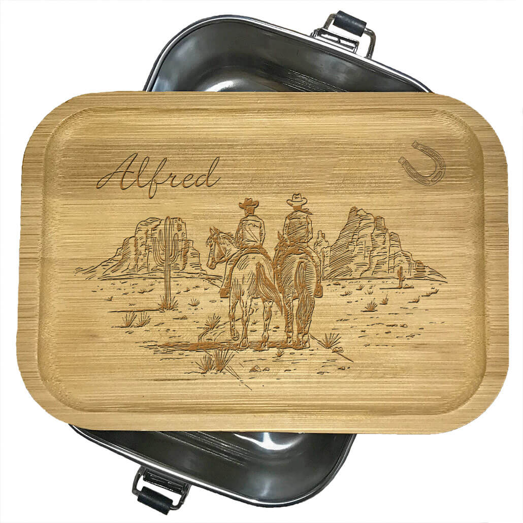 Brotdose aus Edelstahl mit Bambusdeckel mit Name und Motiv Reiter Cowboy