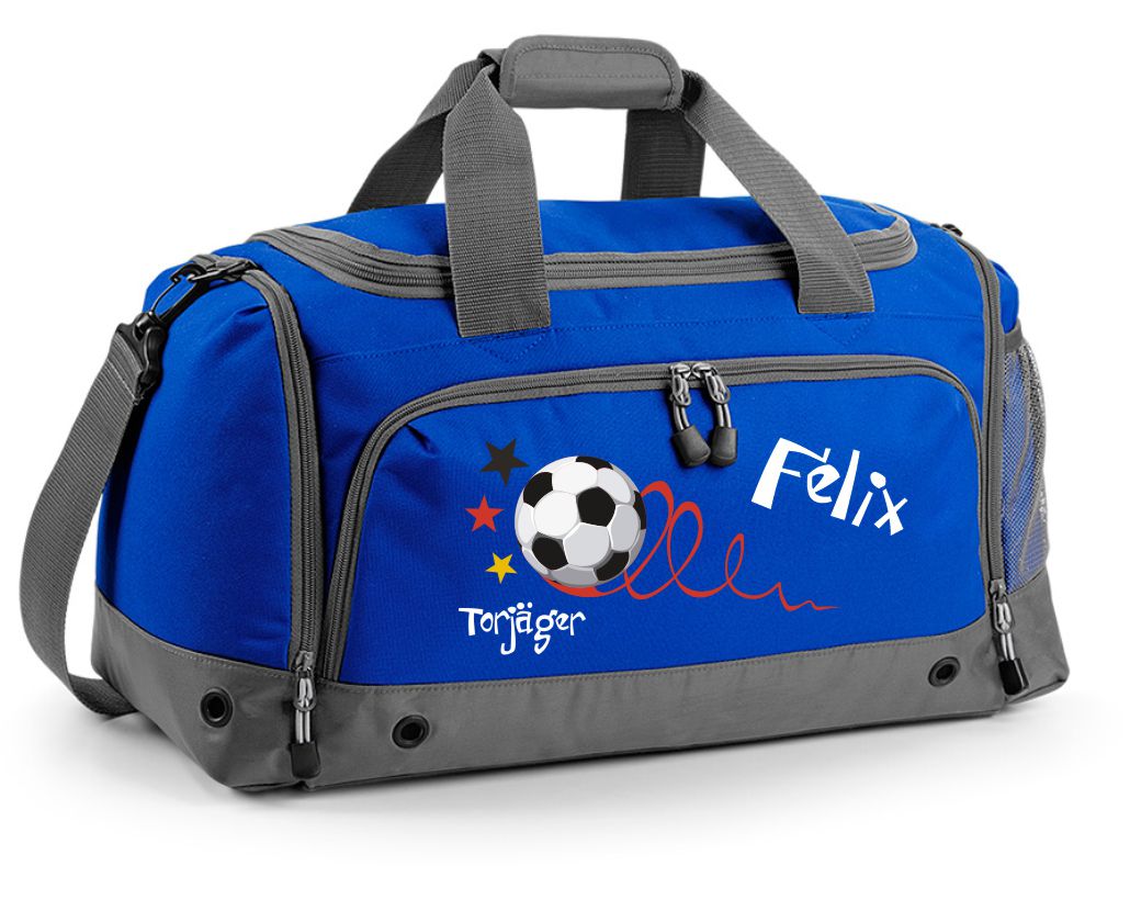 Multi-Sporttasche 41L mit Schuhfach und Feuchtfach in Royal Blau mit Name und Fußball Torjäger