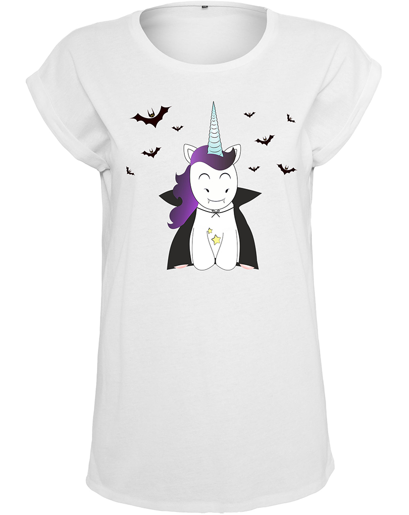 Damen T-Shirt Extended Shoulder Tee Einhorn Vampir Fledermaus