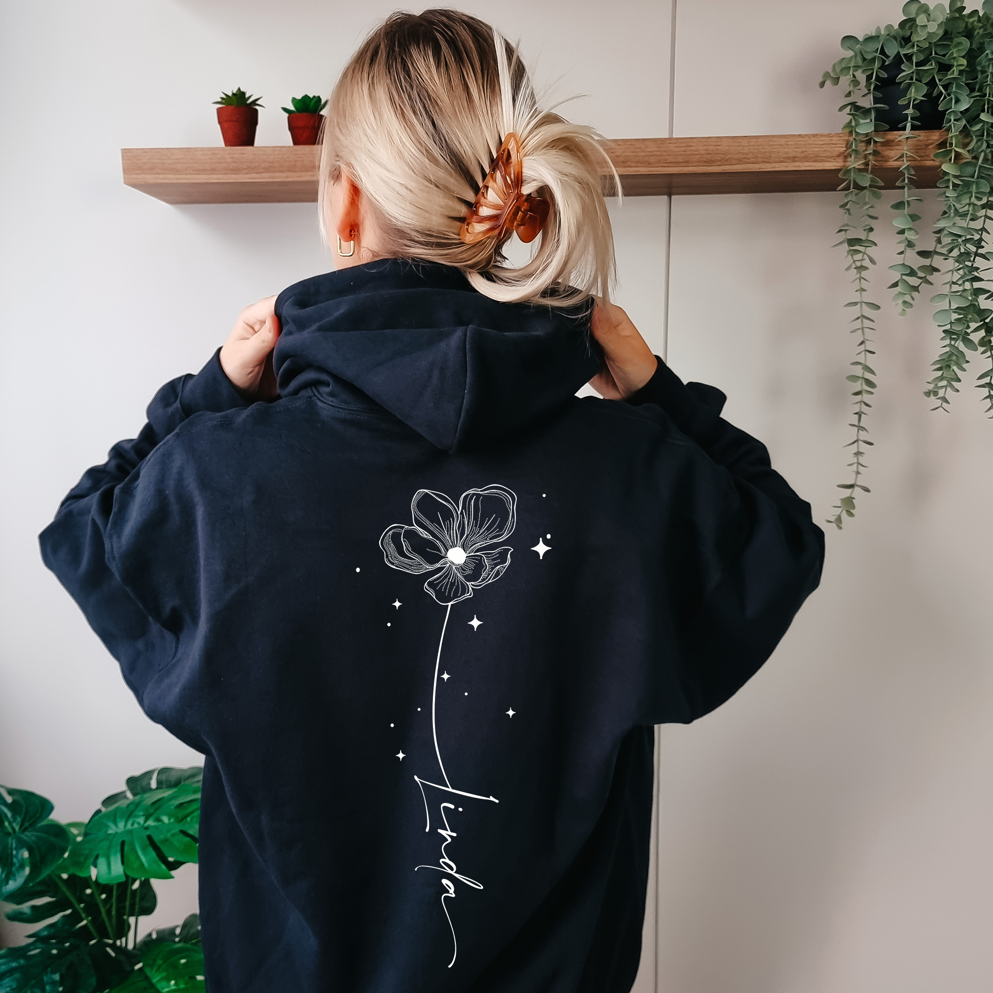 Personalisierter Kapuzenpullover Unisex Sweater Fineline Tattoo Flower Blüte mit Sterne