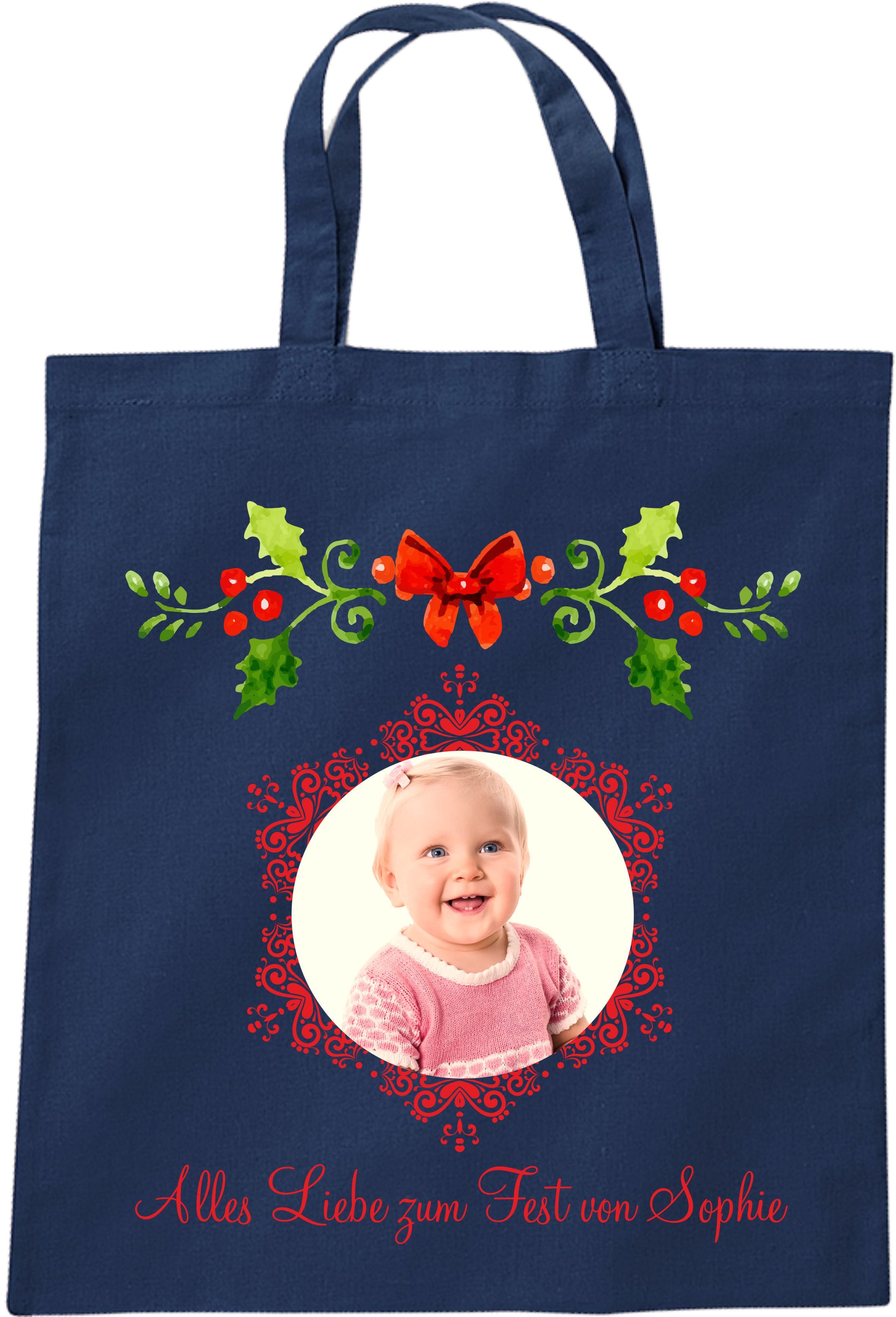 Stofftasche zu Weihnachten Geschenktasche mit Foto und Namen blau Mistelzweig