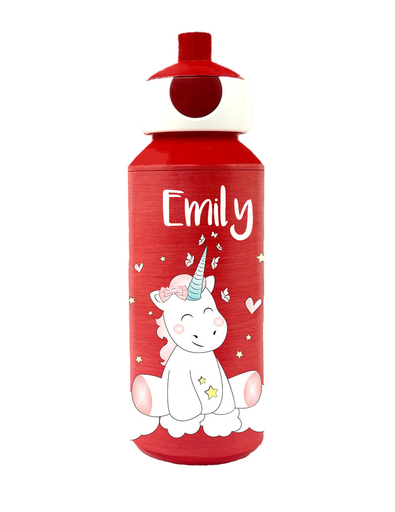 Trinkflasche Mepal Campus Pop-Up Frosted Edition in Rot mit Name und Motiv Einhorn Cutie