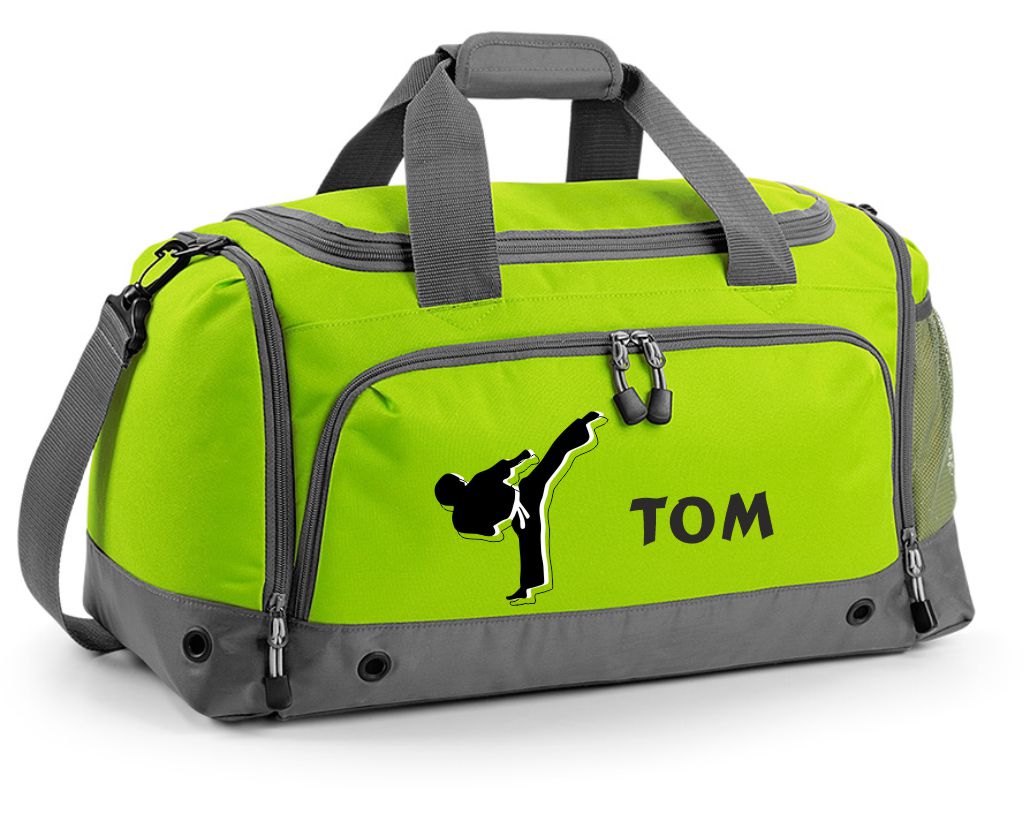 Multi-Sporttasche 41L mit Schuhfach und Feuchtfach in Lime Green mit Name und Karate