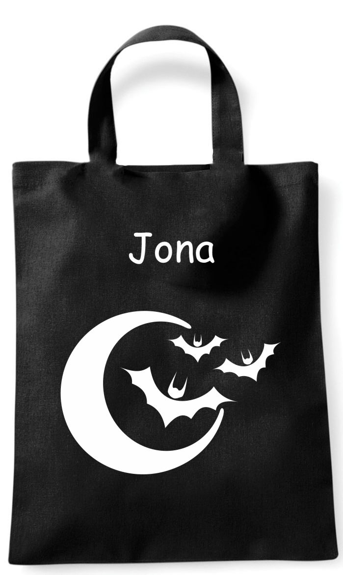 Sammeltasche Stofftasche mit eigenen Namen mini schwarz Halloween Fledermäuse