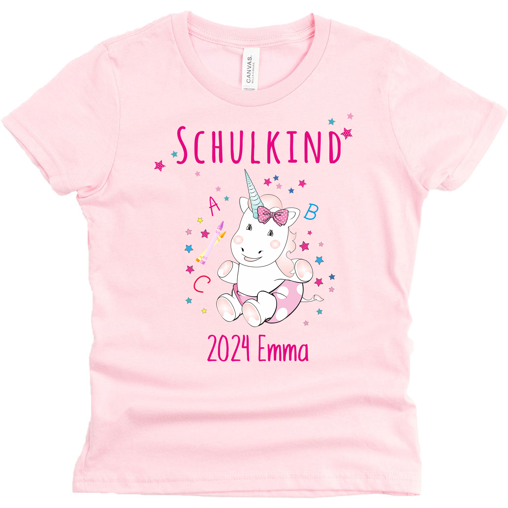 Schulanfangsshirt in rosa mit Name und Motiv Einhorn Cutie ABC