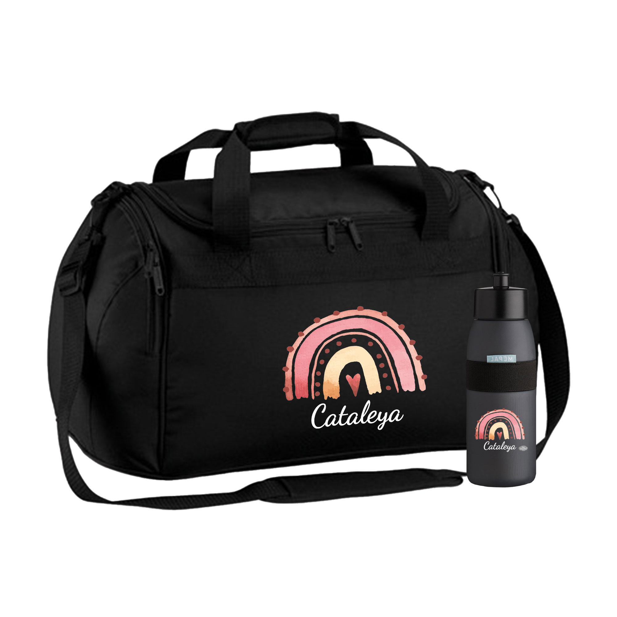 Sporttasche mit Trinkflasche 26L in Schwarz mit Name und Motiv Regenbogen Watercolor