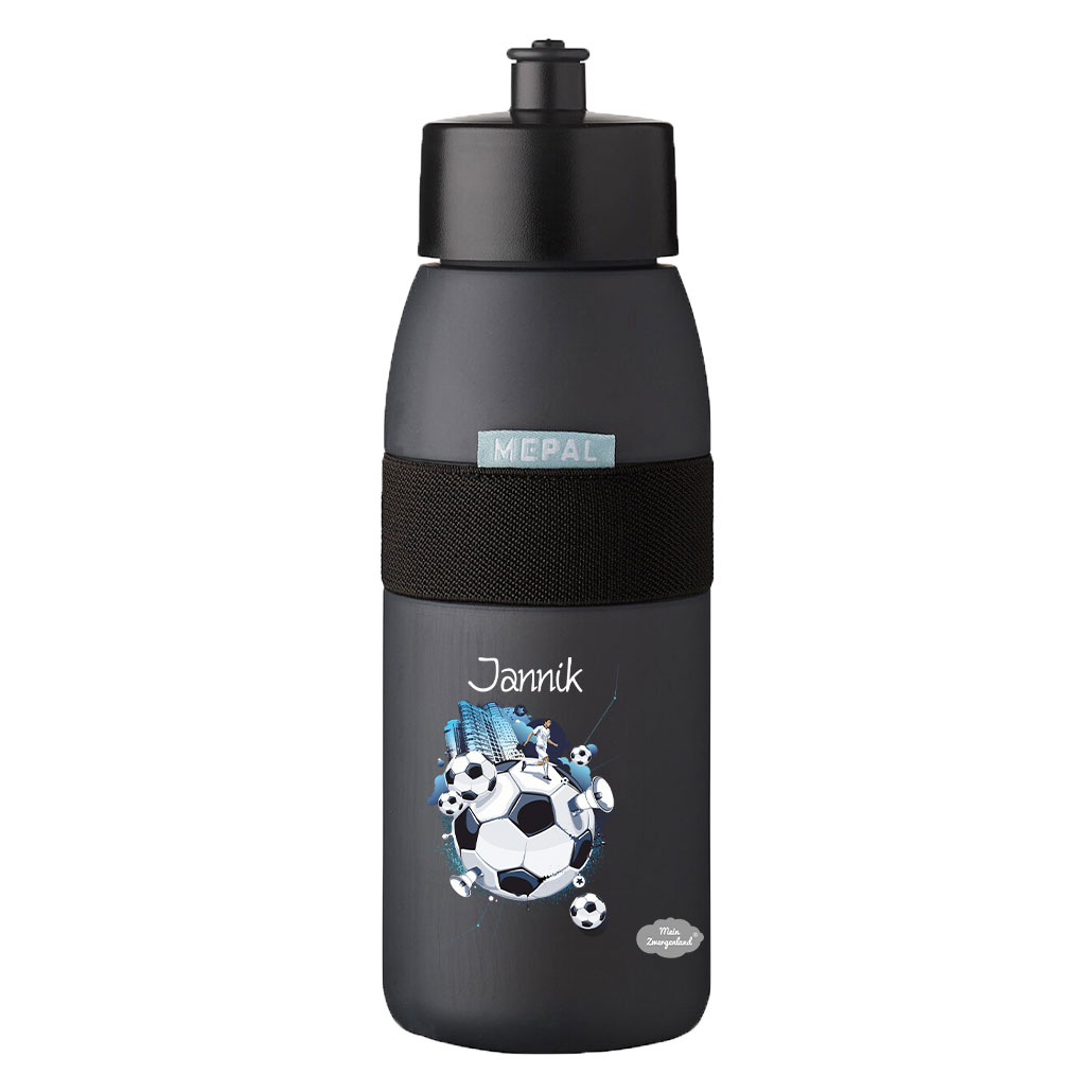 Sporttrinkflasche Ellipse in Nordic Black mit Name und Motiv Fußball Soccer City